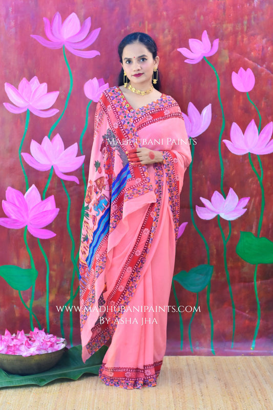 POOJA VIBHUTI Chhath Puja Handpainted Madhubani Georgette Saree