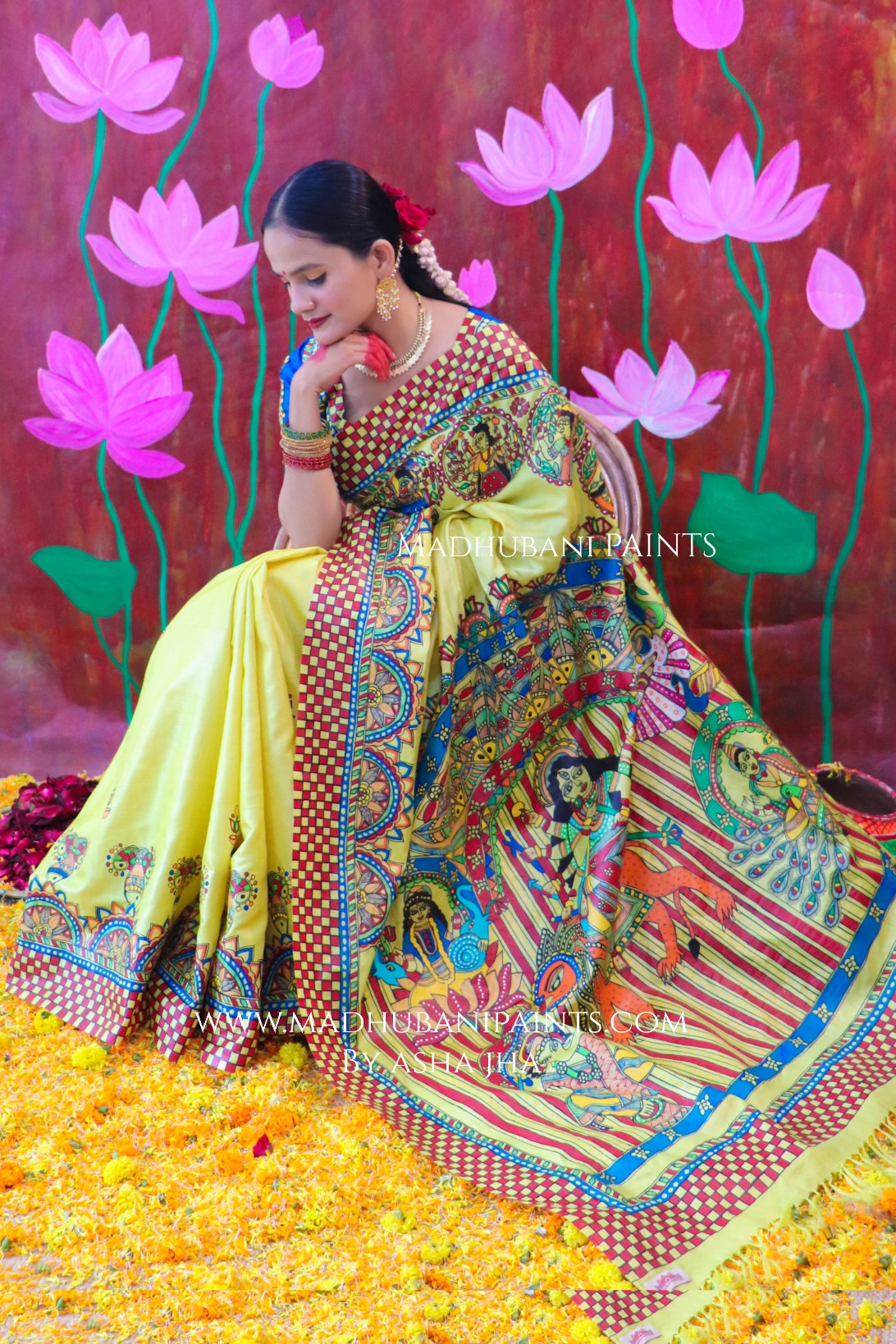 "KAMAKSHI" Handpainted Madhubani Tussar Silk Saree