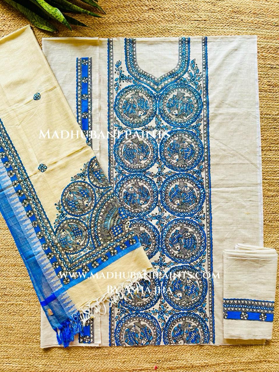 Matsya Hand-painted Madhubani Painting Cotton Unstitched Kurta Pant Dupatta Set