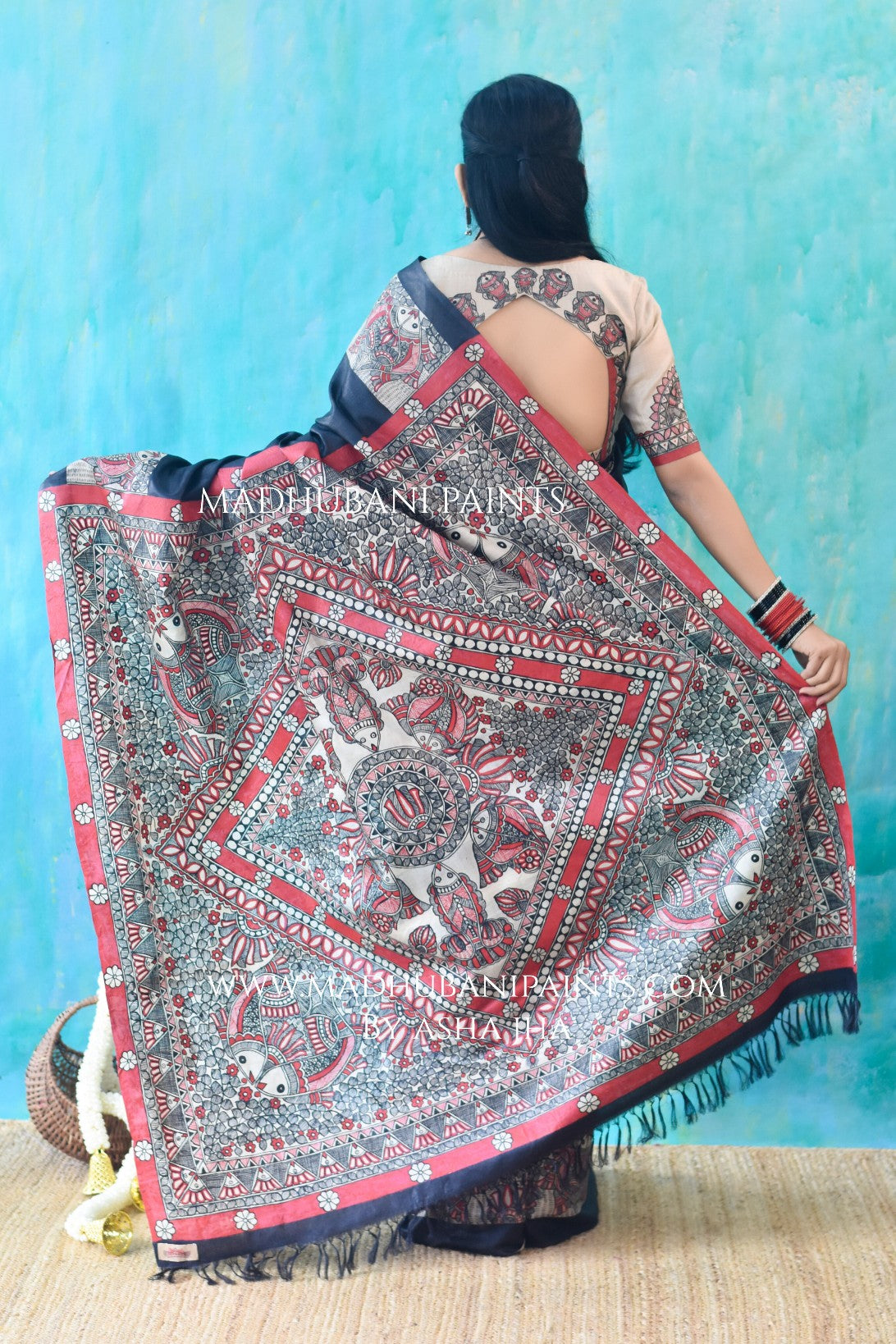 'MATSYA MANJARI'  Hand-Painted Madhubani Tussar Silk Saree