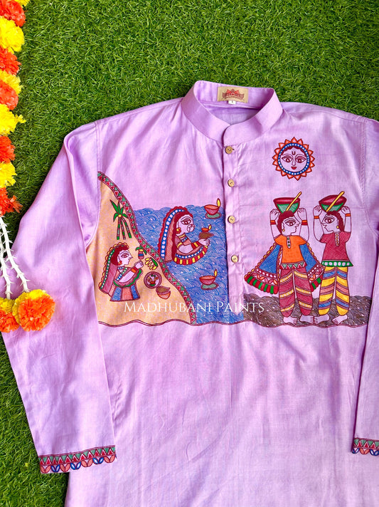 Purple Chhath Puja Hand-painted  Madhubani Men's Cotton Kurta