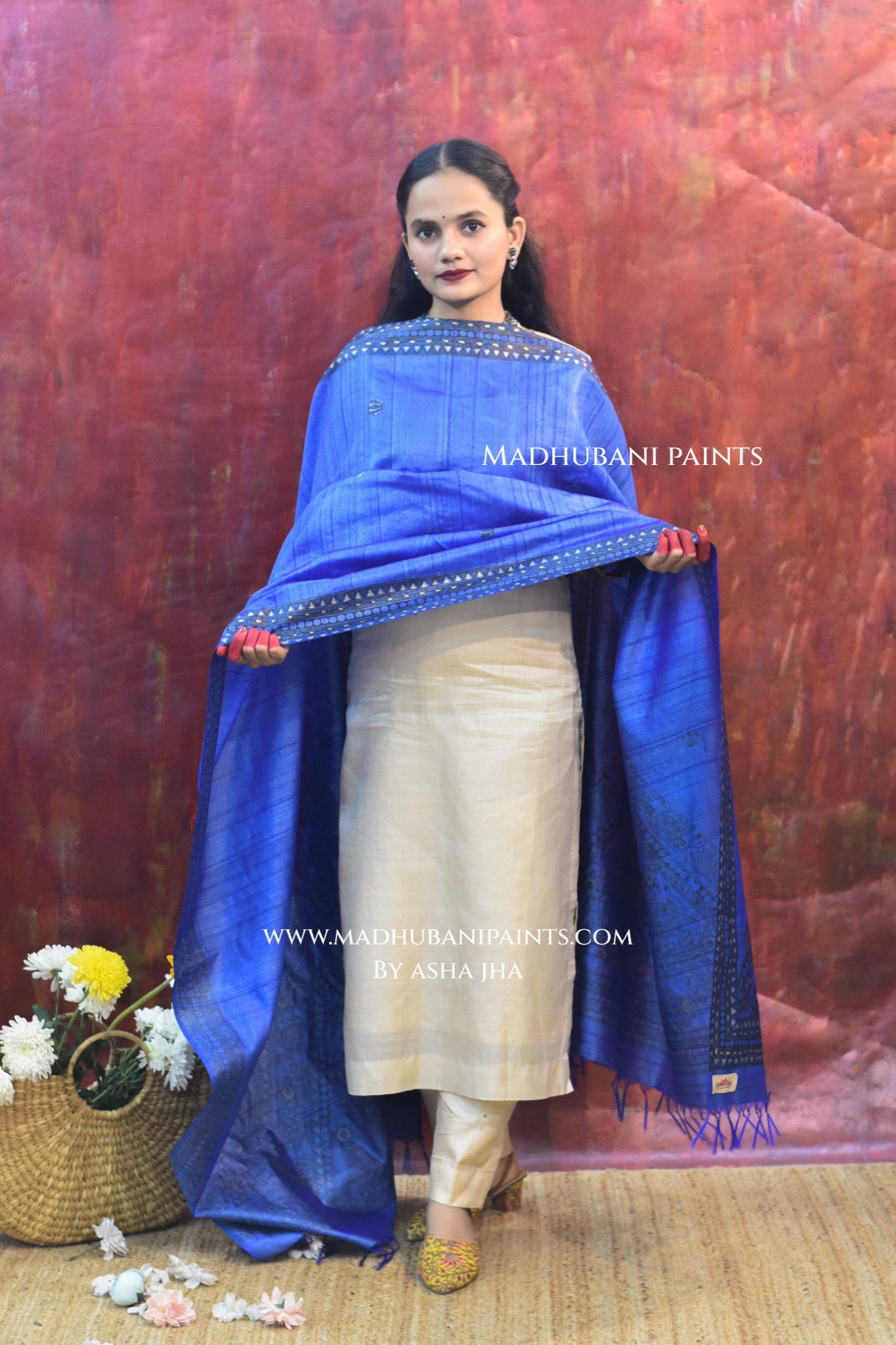 'NEEL SURMAI RANG' Handpainted Madhubani Tussar Silk Dupatta