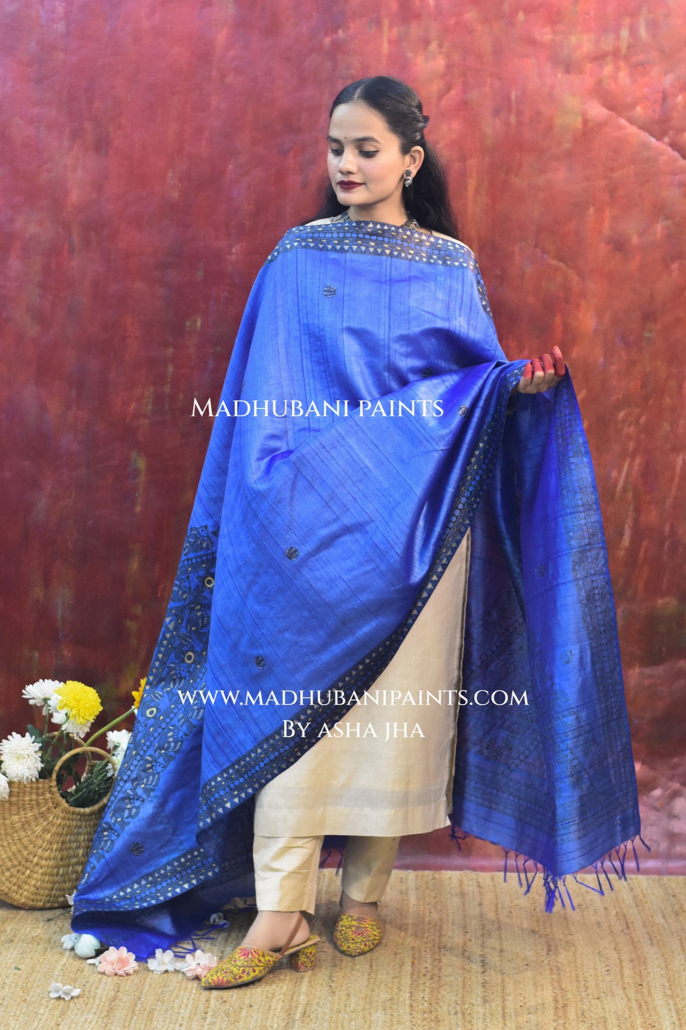 'NEEL SURMAI RANG' Handpainted Madhubani Tussar Silk Dupatta