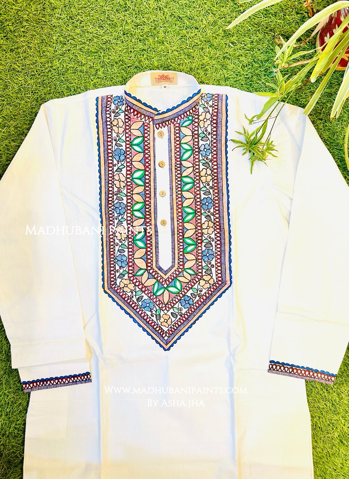 Beige Mithila Border Hand-painted Handloom Men's Cotton Kurta