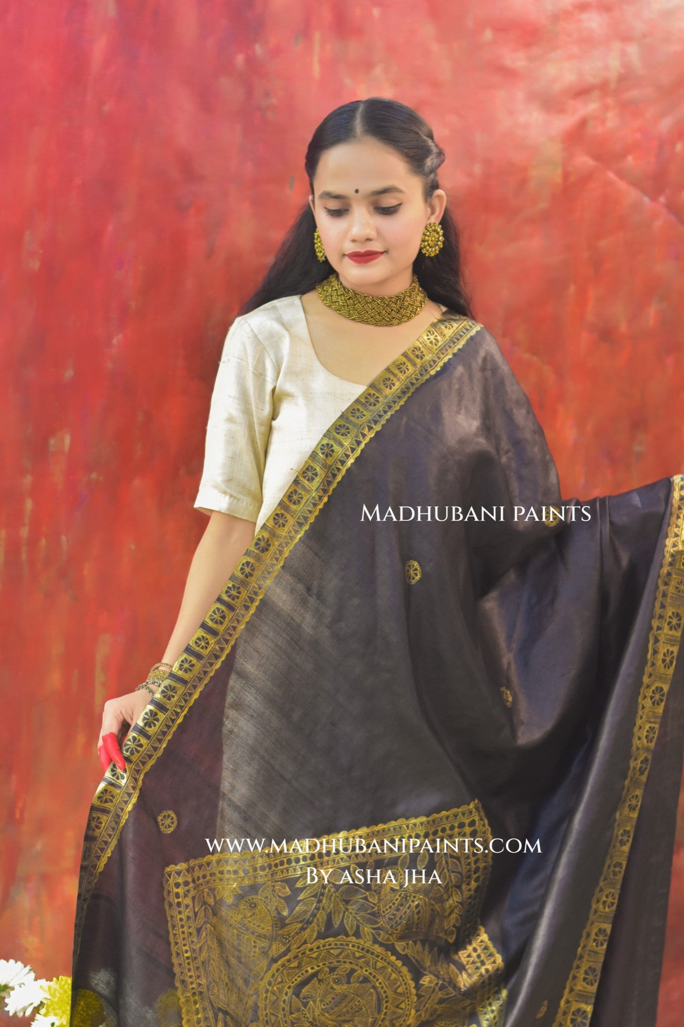 'KAALI MORNI' Handpainted Madhubani Tussar Silk Dupatta