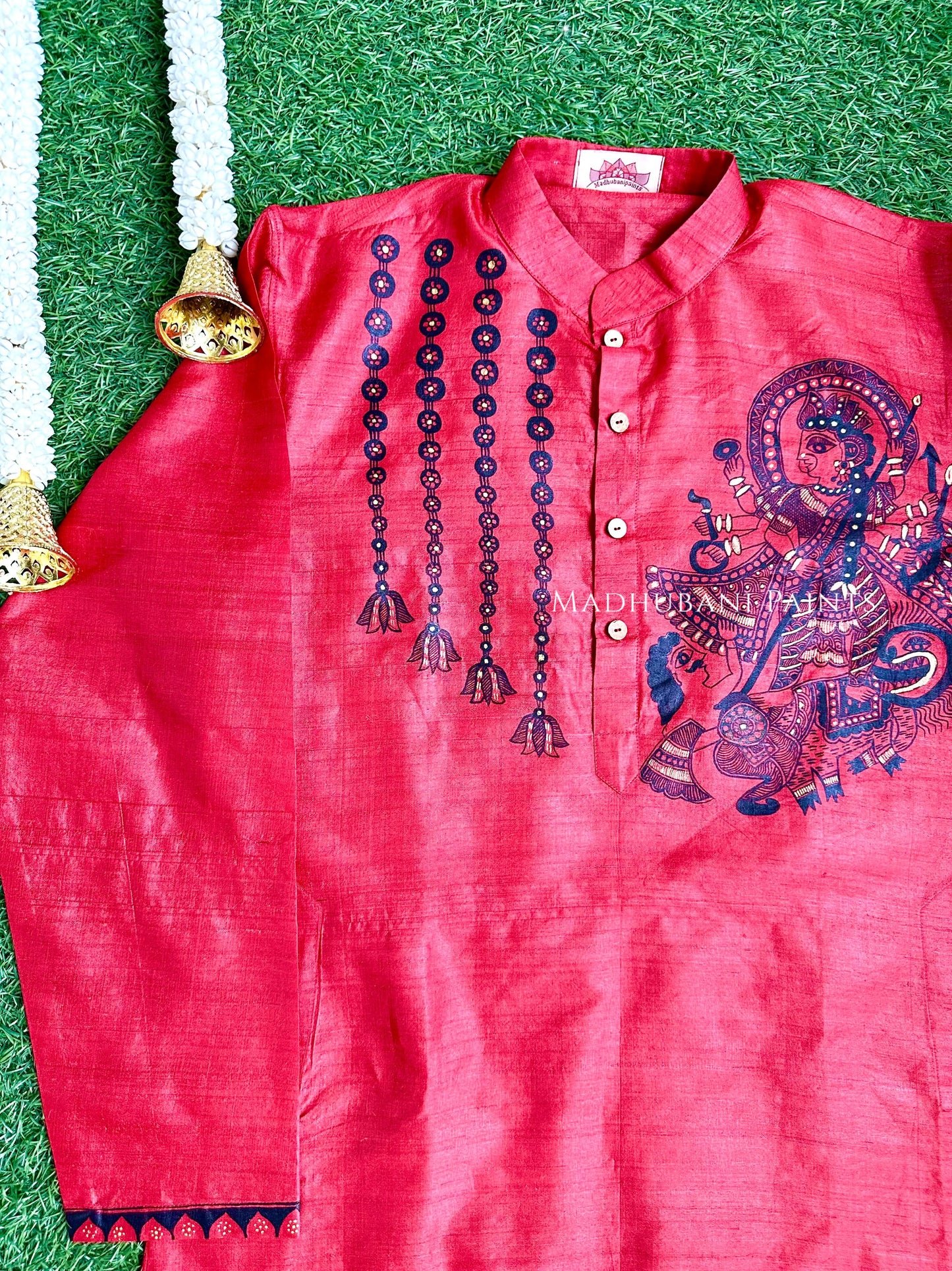 UTKARSHINI Hand-painted Handloom Red Men's Tussar Silk Kurta