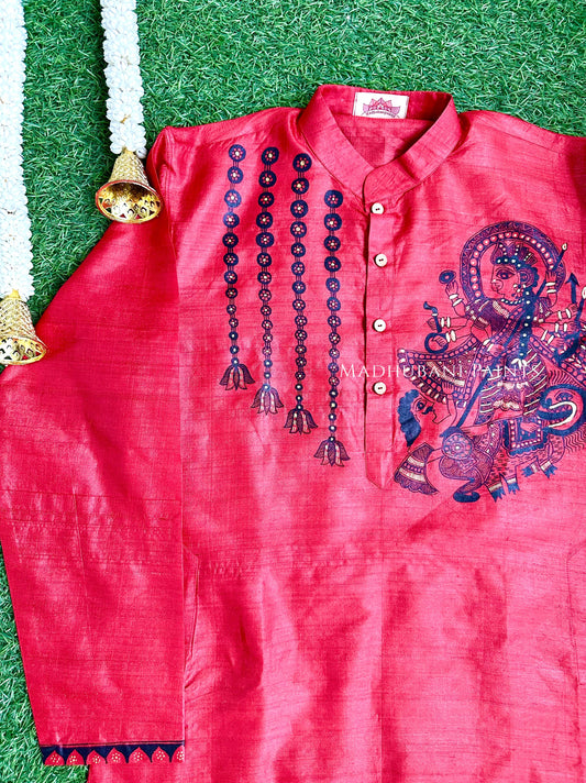 UTKARSHINI Hand-painted Handloom Red Men's Tussar Silk Kurta