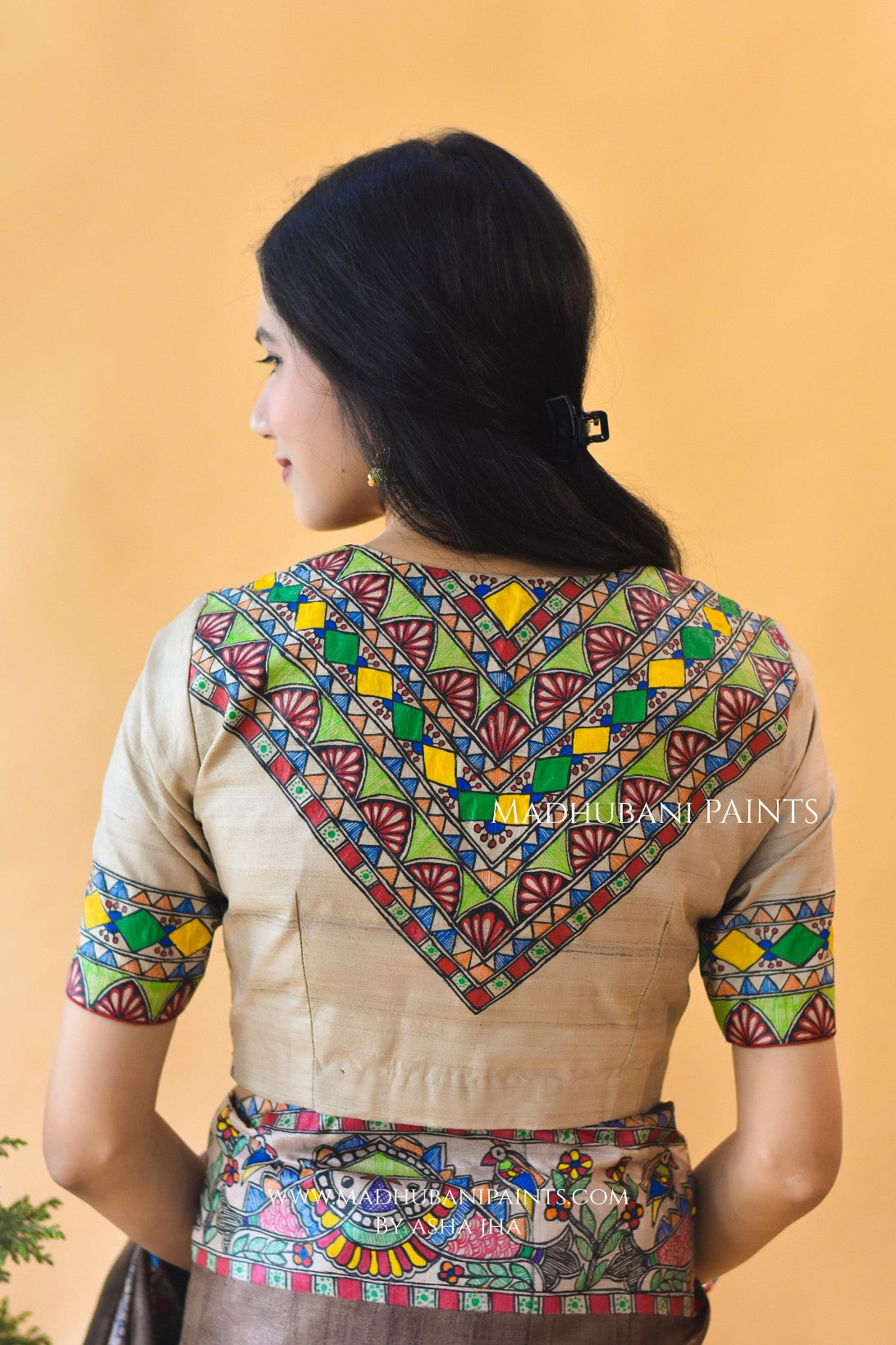 SUNDERBAN SAHELI Hand-painted Madhubani Tussar Silk Saree Blouse Set