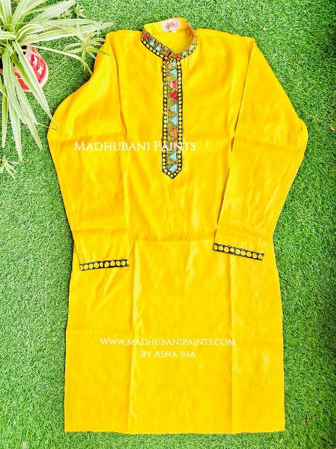 Yellow Mithila Borders Hand-painted  Madhubani Men's Tussar Silk Kurta