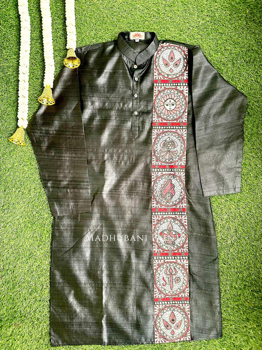 MADHUMATI Hand-painted Beige Madhubani Men's Tussar Silk Kurta