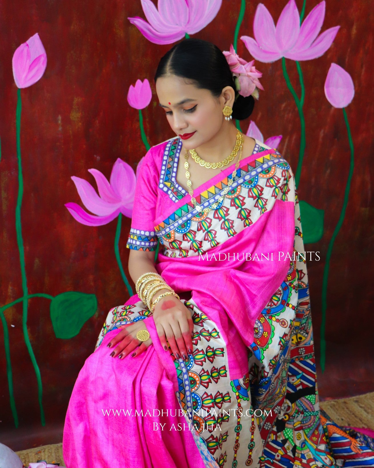 'PADMANABHA SAHODARI' Handpainted Madhubani Tussar Silk Saree