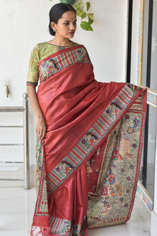 Durga Red Hand Painted Madhubani Saree