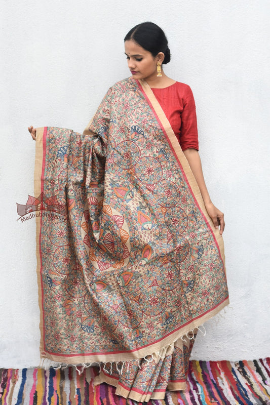 Enchanting Nature Madhubani Hand Painted Saree