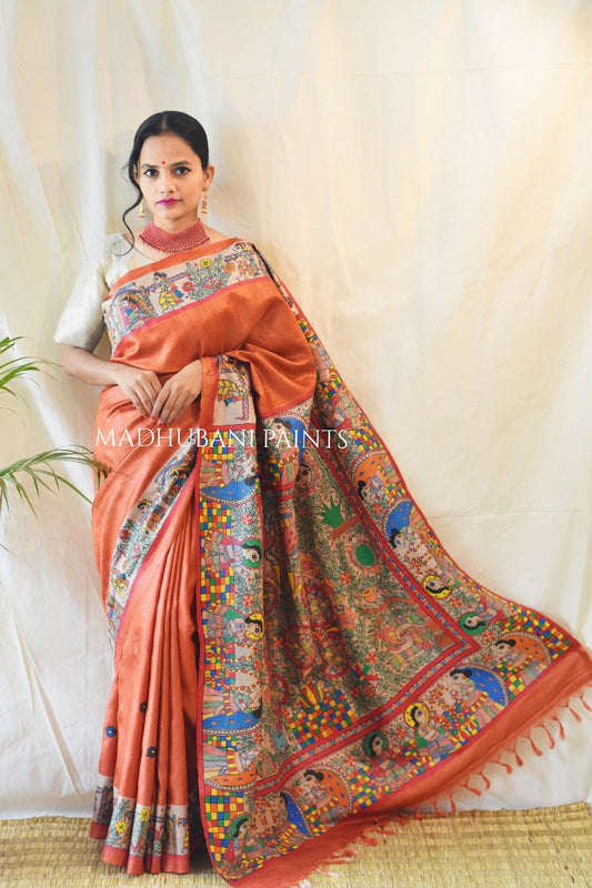 Madhubani Paints Kohbar Rust Orange Saree