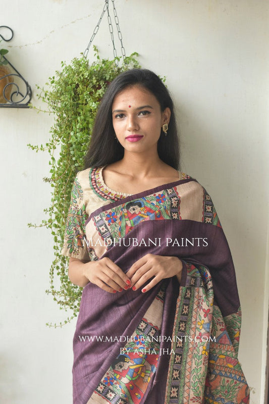 Bidai In Mithila Handpainted Madhubani Painting Saree with stitched blouse