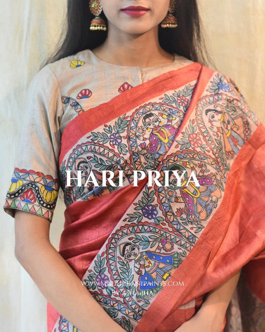 'HARI PRIYA' Handpainted Madhubani Tussar Silk Saree Blouse Set