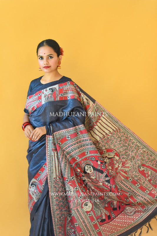 'NARAYANI' Handpainted Madhubani Tussar Silk Saree  Blouse Set