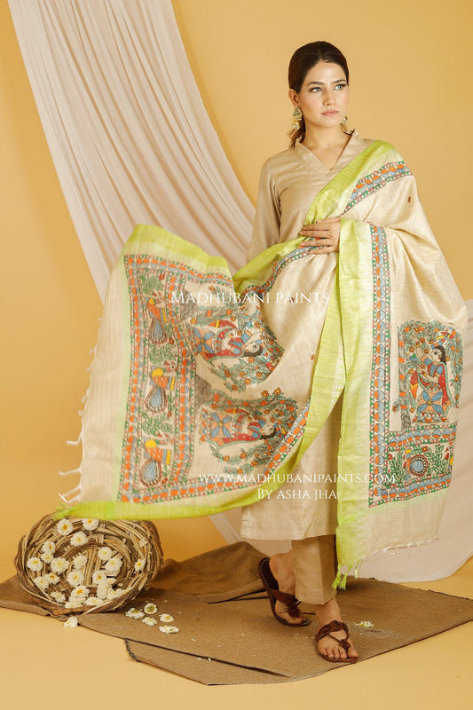 Lady In Garden Madhubani Handpainted Pure Handloom Cotton Dupatta