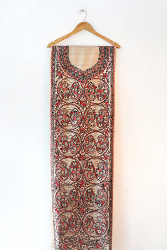 Laal Kaala Matsya Hand-painted Madhubani Painting Tussar Silk Unstitched Kurta