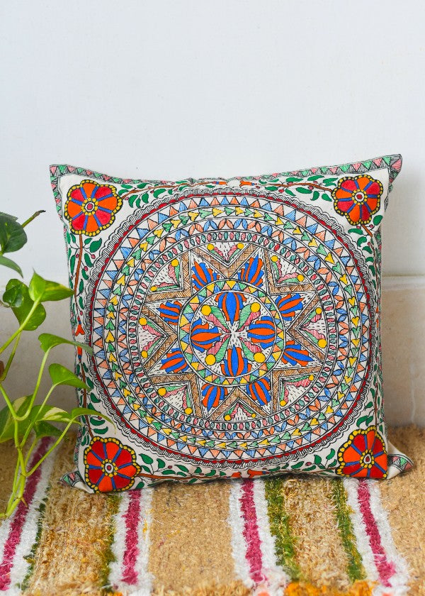 Madhubani Painting Saankh Lotus Design Cushion – MADHUBANI PAINTS BY ...