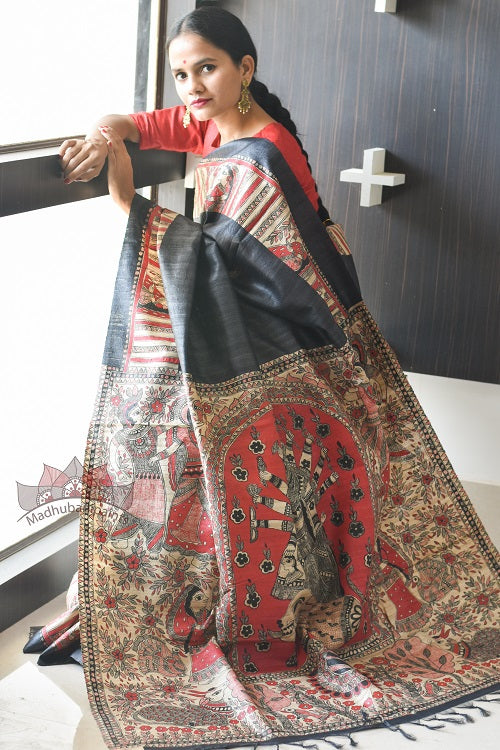 Maa Durga Tussar Madhubani Black Handpainted Saree