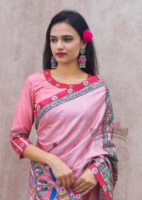 'GULABI DOLI' Handpainted Madhubani Tussar Silk Blouse