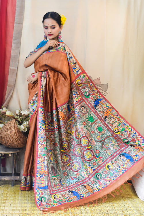 'KOHBAR' Handpainted Madhubani Rust Orange Tussar Silk Saree