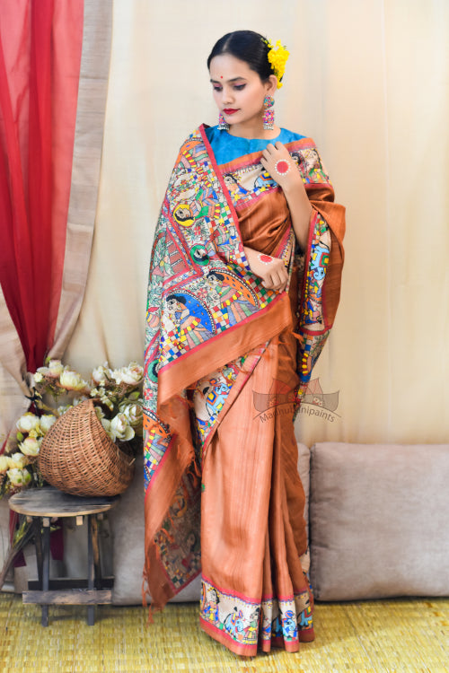 'KOHBAR' Handpainted Madhubani Rust Orange Tussar Silk Saree