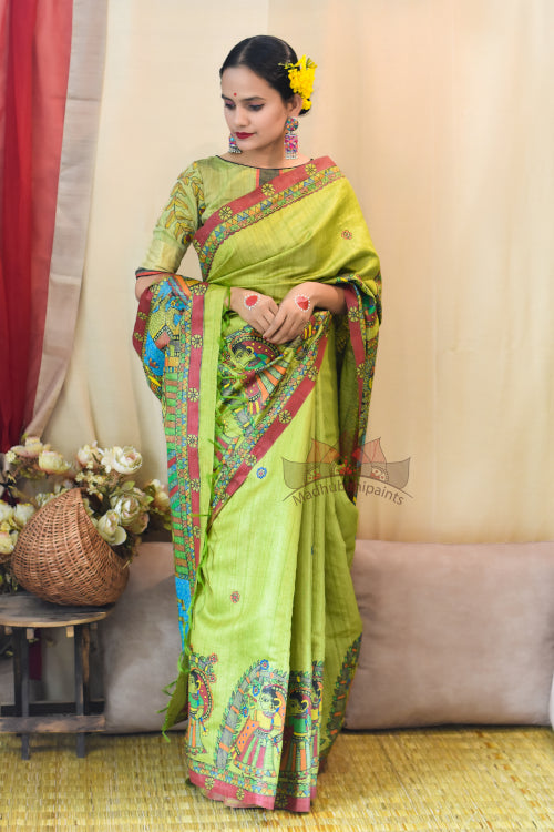 'VISHNU LEELA' Handpainted Madhubani Tussar Silk Saree
