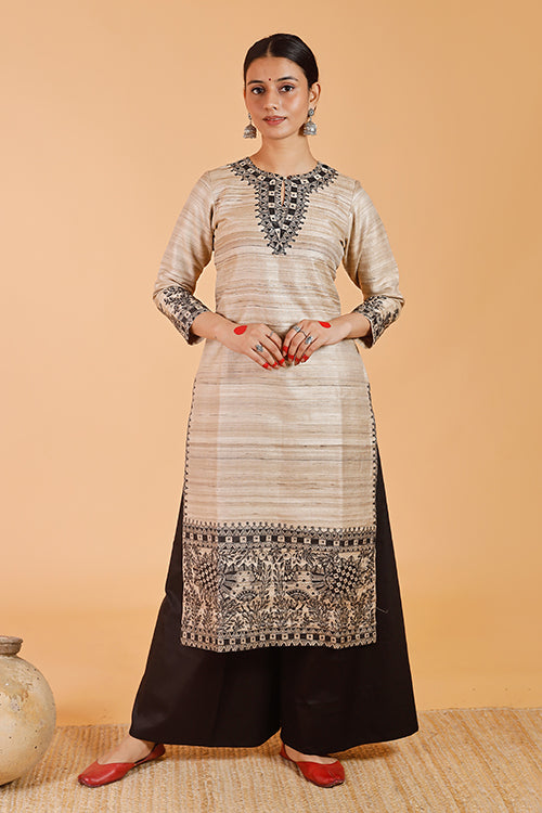 'Joda Mayuri' Handpainted Madhubani Ghicha Silk Kurta