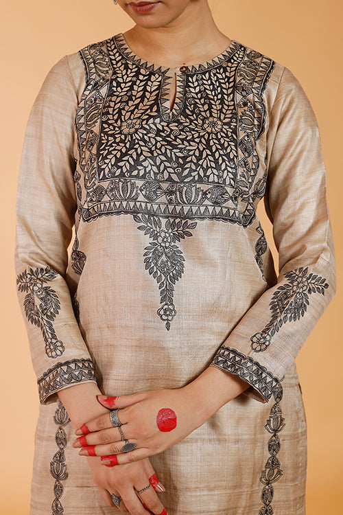 'Pride of Mithila' Handpainted Madhubani Tussar Silk Kurta