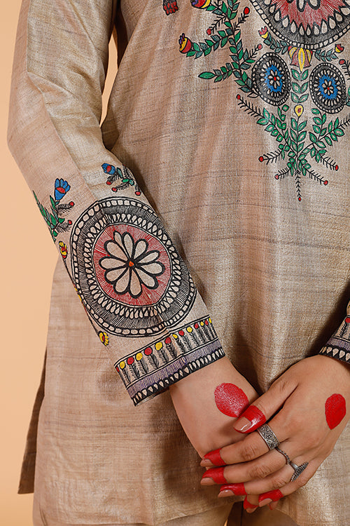 'Flowers of Mithila' Handpainted Madhubani Tussar Silk Kurta