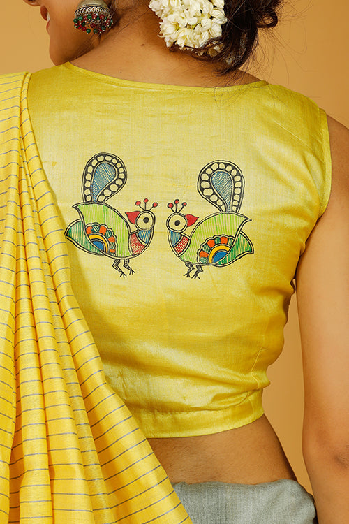 'Judwa Mayuri' Handpainted Madhubani Pure Silk Blouse