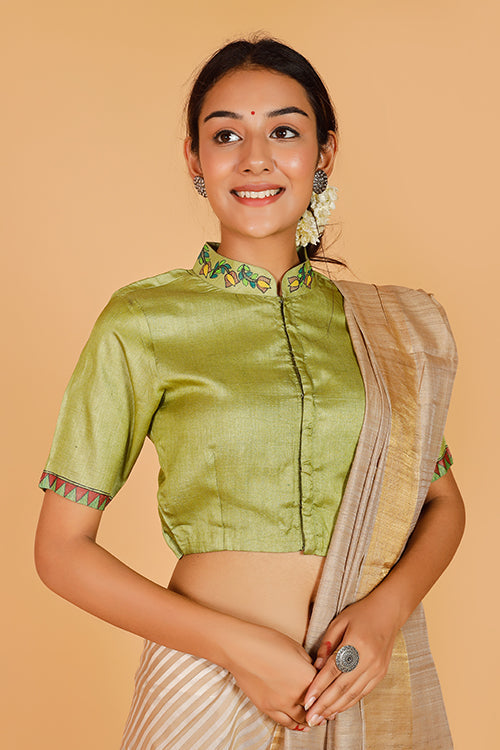 'Mithila Mayuri' Handpainted Madhubani Tussar Silk Blouse