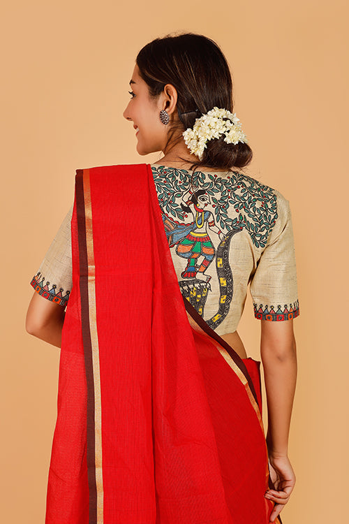 'Krishna Nritya' Handpainted Madhubani Cotton Blouse