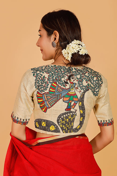 'Krishna Nritya' Handpainted Madhubani Cotton Blouse