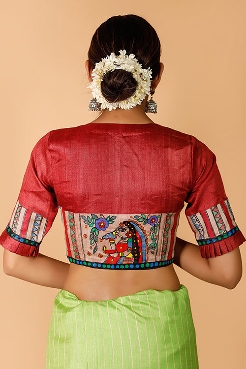 'Madhushravani' Handpainted Madhubani Tussar Silk Blouse