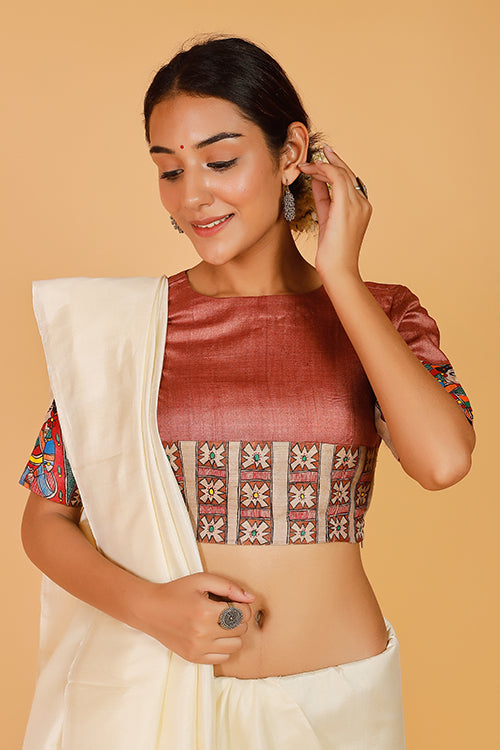 'Mithila Bride' Handpainted Madhubani Tussar Silk Blouse