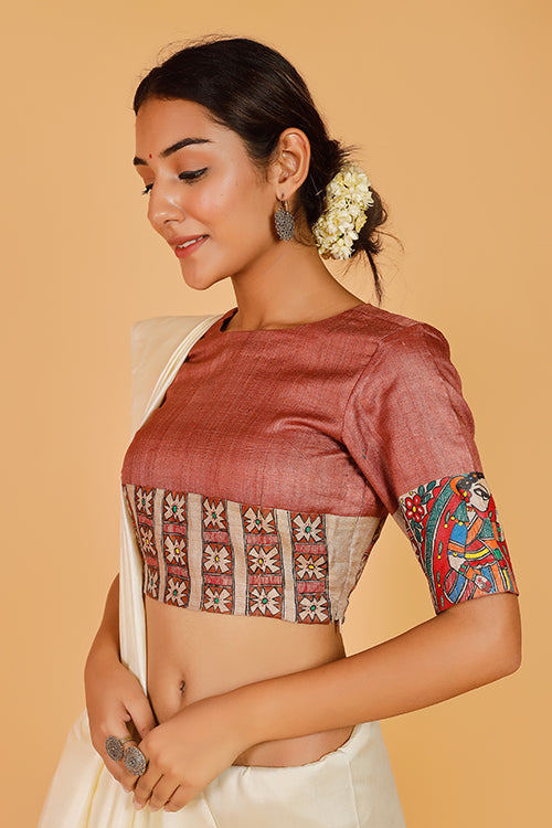'Mithila Bride' Handpainted Madhubani Tussar Silk Blouse