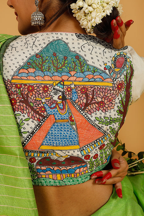 'Govardhan Leela' Handpainted Madhubani  Moonga Silk Blouse