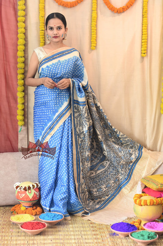 Madhubani Bandhani NEELI Mayur- Surmai Mandara Handpainted Saree